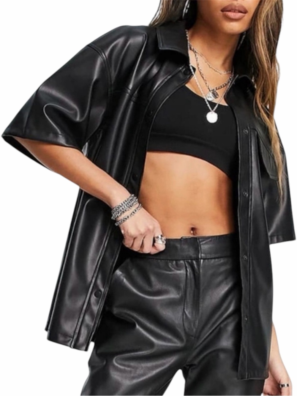 Top Shop Black Faux Leather Oversized Short Sleeve Button-Up Shacket